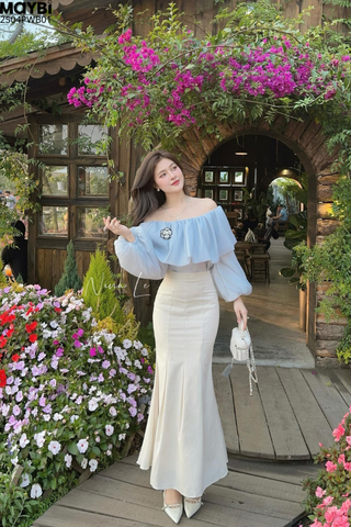 Chân váy đuôi cá cotton hàn kem dáng midi
