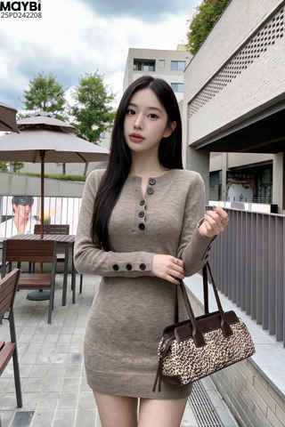 Đầm thun ôm body dài tay gài nút dáng mini