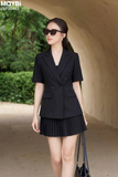 Set áo blazer chân váy xếp ly đen