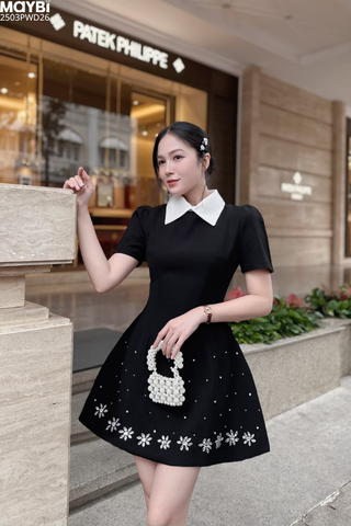 Đầm xòe cổ sơ mi tùng phối đính đá dáng mini