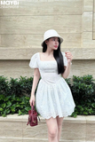 Đầm ôm tùng nhún xòe cotton thêu tay bí dáng mini