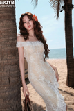 Đầm ôm ren hoa nổi lệch vai tà xéo dáng midi