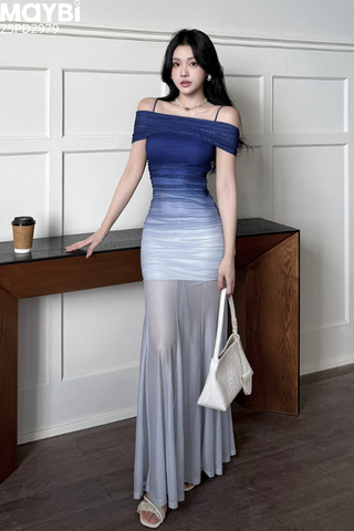 Đầm thun lưới bẹt vai đuôi cá