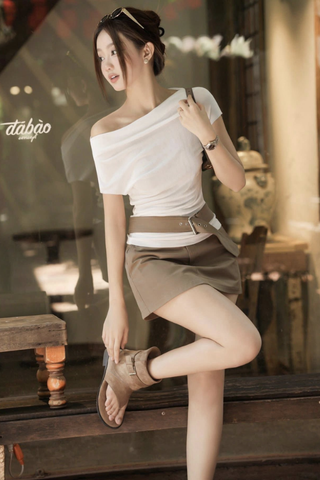 Set thun lệch vai chân váy A dáng mini