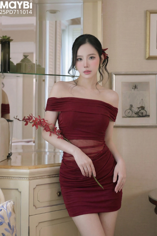 Đầm ôm nhún kiểu trễ vai dáng mini