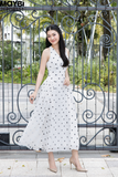 Đầm xòe midi chấm bi lớn cổ V