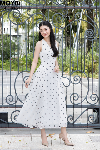 Đầm xòe midi chấm bi lớn cổ V