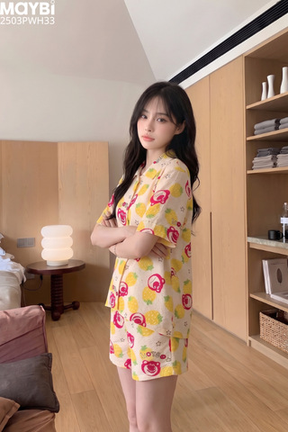 Bộ pyjama ngắn suông ngắn tay cotton in hình gấu dâu