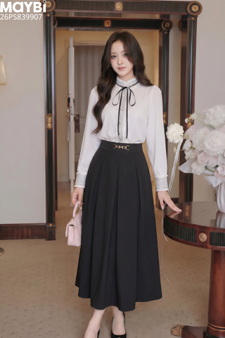 Set áo sơ mi phối bố và chân váy dài xếp ly Éloise Set