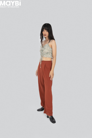 Áo croptop 2 dây ôm lụa in hoa trắng nền xanh mint nhún kiểu