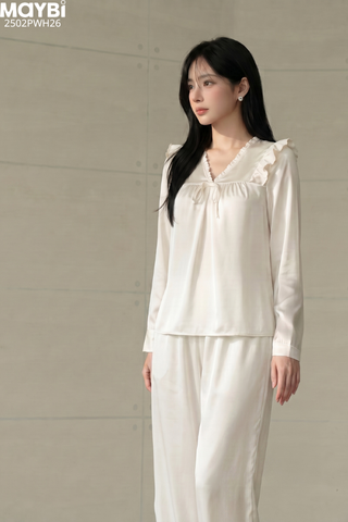Bộ pijama dài lụa gấm xước cổ phối ren tay dài
