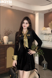Đầm xòe dài tay cổ thắt nơ dáng mini