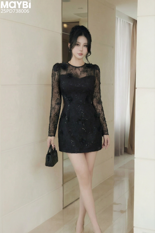 Đầm phối ren dài tay dáng mini