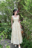 Đầm hai dây cotton thêu kem nhún xòe dáng maxi