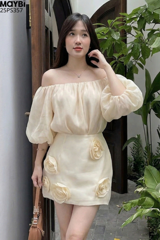 Set áo bẹt vai chân váy A đính hoa dáng mini