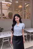 Áo Kiểu Nữ Tay Phồng Cổ Trụ Buộc Nơ Lai Áo Phối Ren