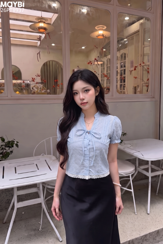 Áo Kiểu Nữ Tay Phồng Cổ Trụ Buộc Nơ Lai Áo Phối Ren