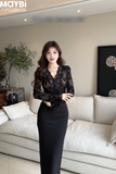 Đầm ôm dài tay phối ren dáng midi