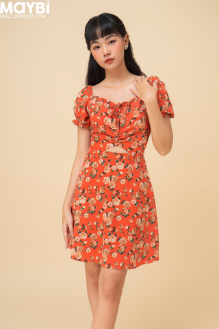 Đầm mini xòe lụa in hoa nền đỏ nhún cup rút dây nơ