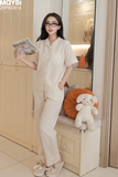 Bộ pyjama dài caro chất thô nhăn mềm ngắn tay