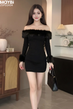 Đầm thun ôm trễ vai phối lông dáng mini