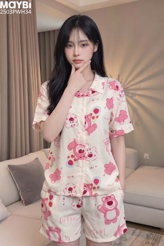 Bộ pyjama ngắn suông ngắn tay cotton họa tiết gấu dâu losta