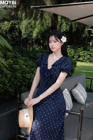 Đầm cổ V tay bo dáng xòe dài