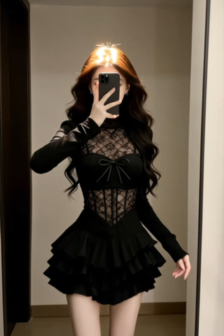 Đầm xòe dài tay phối ren dáng mini