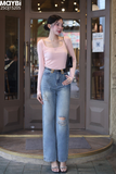 Quần jean ống suông wash rách gối