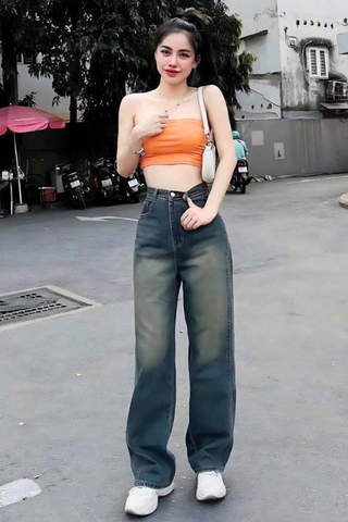 Quần jean ống suông wash màu xanh đậm