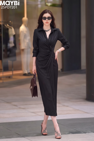 Đầm sơ mi dài tay dáng midi