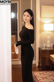 Đầm ôm lệch vai dài tay dáng midi