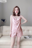 Bộ pyjama hai dây ngắn chất lụa satin cao cấp màu hồng
