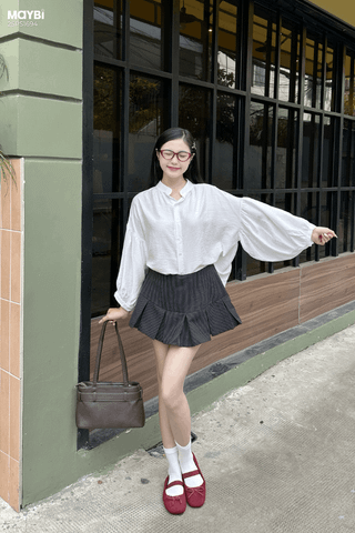 Set áo sơ mi kiểu tay phồng chân váy xếp ly sọc