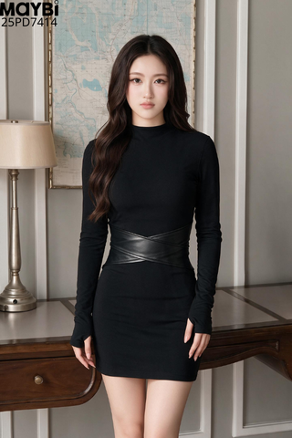 Đầm ôm eo phối da dài tay dáng mini