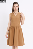 Đầm midi xòe bố len cổ V phối dây trang trí
