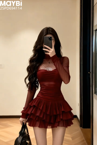 Đầm xòe tầng dài tay dáng mini