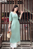 Áo dài ôm lụa xanh mint phối cổ ren trắng