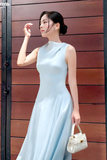 Đầm xòe tơ gân xanh xếp chéo ly dáng midi