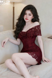 Đầm ren ôm bẹt vai đính hoa dáng mini