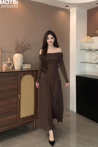 Đầm thun ôm trễ vai dài tay dáng maxi