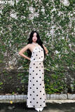 Đầm lụa chấm bi cổ yếm dáng midi