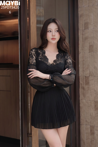 Đầm xòe xếp ly phối ren dáng mini