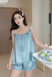 Bộ pyjama hai dây phối nơ ngắn chất lụa satin