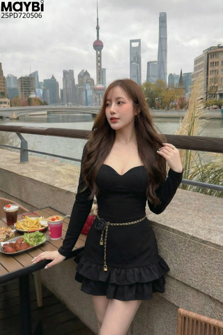 Đầm bí cổ vuông dài tay dáng mini