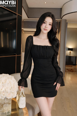 Đầm ôm cổ vuông tay phối voan dáng mini