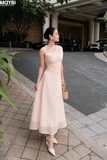 Đầm xòe tơ gân nhún vai cổ xéo dáng midi (màu cam đào)