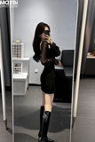 Đầm ôm cổ vuông tay phối voan dáng mini