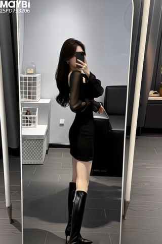 Đầm ôm cổ vuông tay phối voan dáng mini