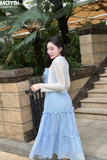Đầm hai dây nhún xòe dáng midi (có kèm áo như hình)